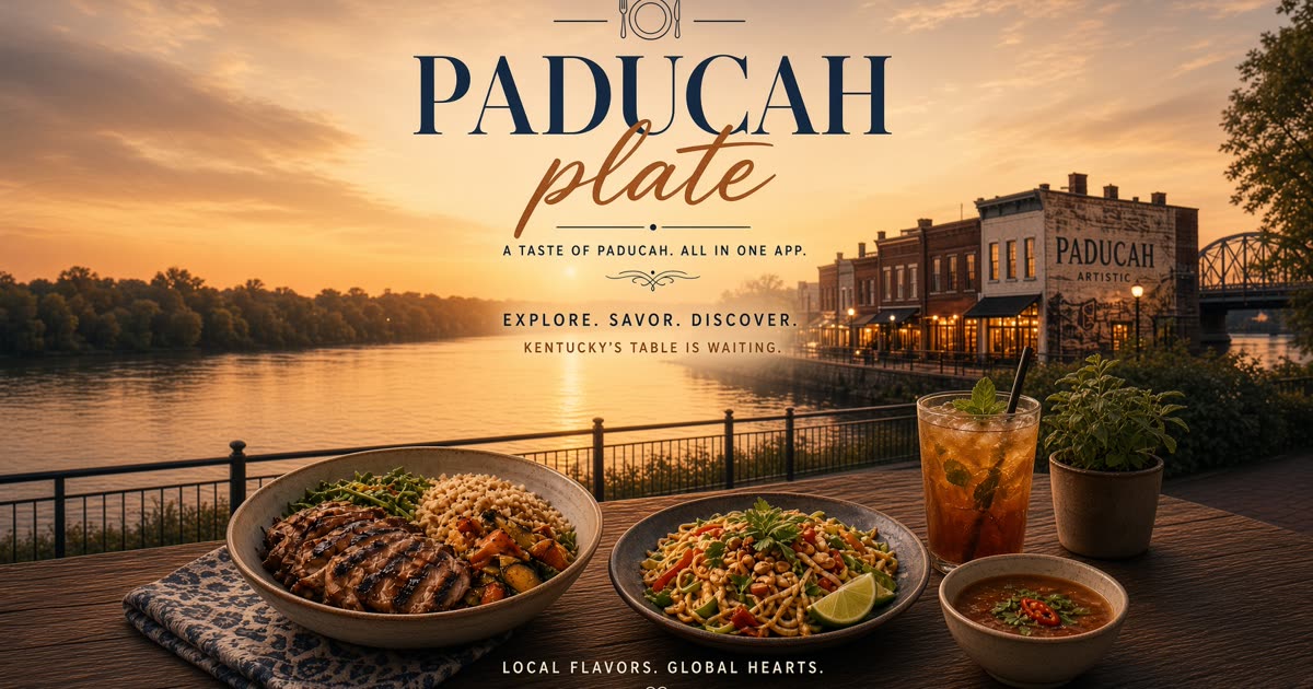 Paducah riverfront at sunset — grilled plates on a table overlooking the Ohio.
